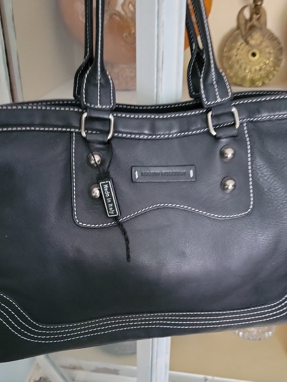 Marco Buggiani Black Leather Shoulder Bag with White Stitching